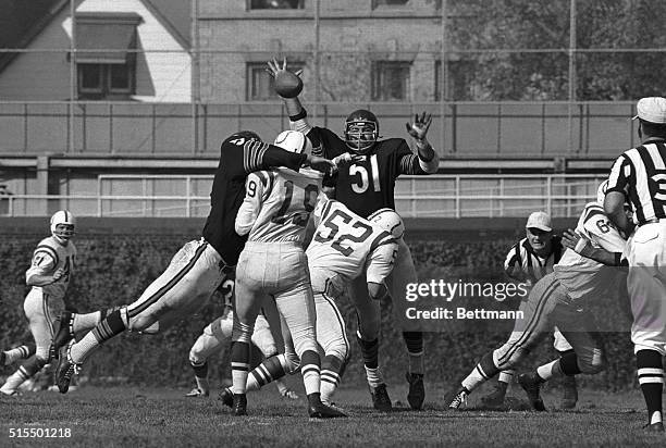 Baltimore Colts Quarterback, Johnny Unitas , has one of his passes knocked down by Dick Butkas , Chicago Bears' Linebacker, as Bears' Center, Mike...