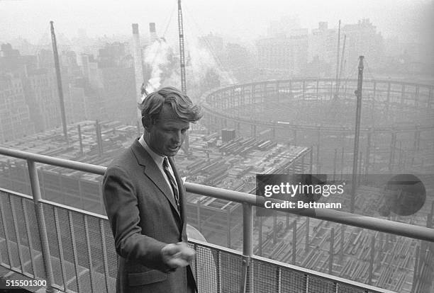 Standing on a terrace of the Statler Hilton Hotel, Senator Robert F. Kennedy, , makes an animated gesture as he speaks out against air pollution....