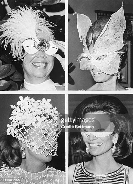 New York, NY- Adding to the glitter and dazzle at author Truman Capote's masked party are Mrs. Nicholas Katzenbach ; Mrs. Henry Ford ; Joan Fontaine...