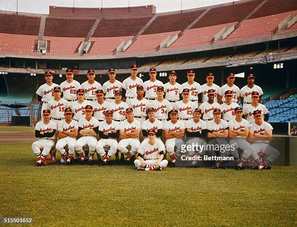 The Baltimore Orioles. Left to right, back row: Eddie Fisher, Moe Drabowsky, John Miller, Jim Palmer, Dick Hall, Gene Brabender, Curt Robinson....