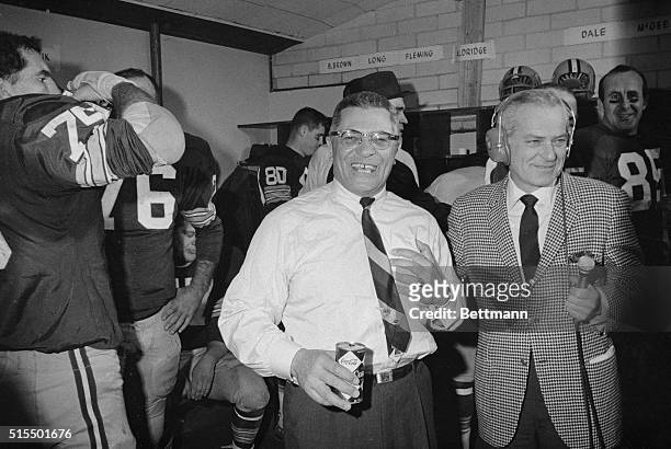 Vince Lombardi , Green Bay Packers head coach, is interviewed by CBS sportscaster Jack Whitaker after the Packers beat the Dallas Cowboys for the NFL...
