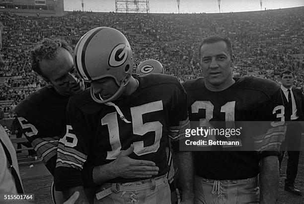 Green Bay Packers Bart Smar , Jim Taylor and Paul Hornung hanging out at Superbowl game against Kansas City Chiefs.