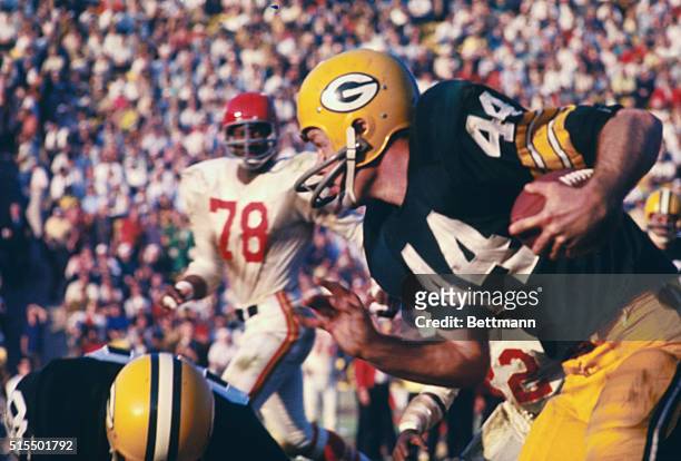 General views of the action during the fourth quarter of the Super Bowl game at the Memorial Coliseum, where the Green Bay Packers beat the Kansas...