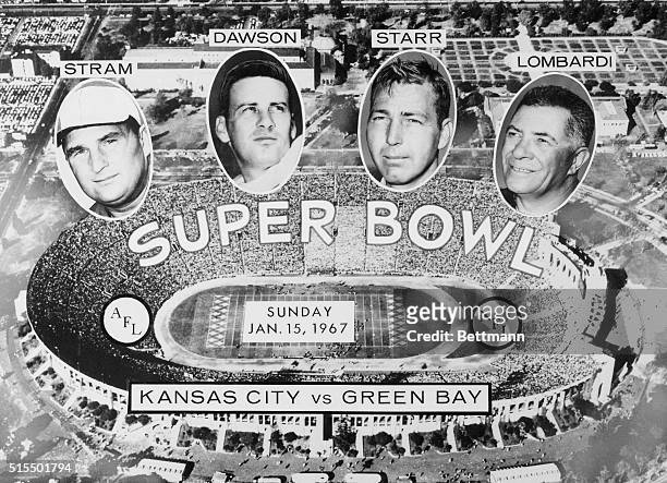 The stage is set at Los Angeles Memorial Coliseum for the Super Bowl, starring quarterbacks Len Dawson, of the American Football League's Kansas City...