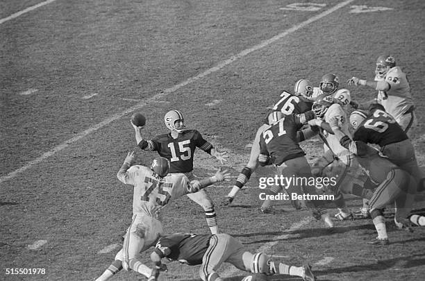 Bart Starr, , of the Green Bay Packers, who was voted the MVP of the Super Bowl game is shown passing during the game against the Kansas City Chiefs...
