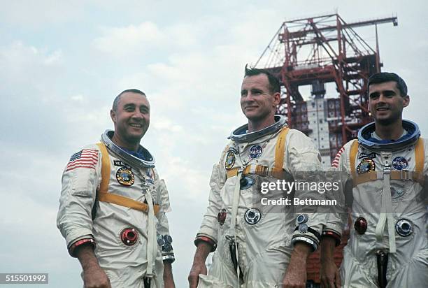 Apollo 1 astronauts, , Virgil "Gus" Grissom, Edward White, and Roger Chaffee, suited up and visiting the Saturn launch pad. A few days later all...