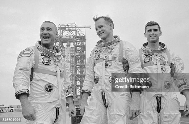 Apollo 1 astronauts, , Virgil "Gus" Grissom, Edward White, and Roger Chaffee, suited up and visiting the Saturn launch pad. A few days later all...