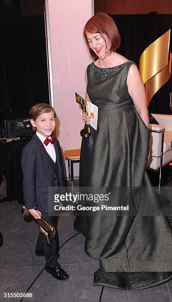 Jacob Tremblay and Emma Donoghue pose backstage at the 2016 Canadian Screen Awards at the Sony Centre for the Performing Arts on March 13, 2016 in...