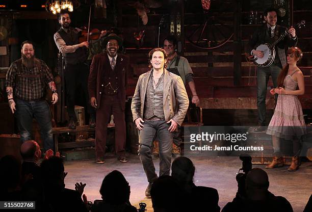 Actor Steven Pasquale takes a bow during curtain call at "The Robber Bridegroom" Off-Broadway Opening Night at Laura Pels Theatre on March 13, 2016...