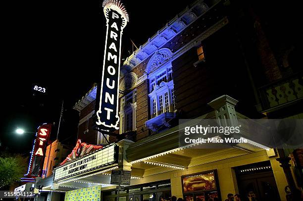The marquee for the screening of "Hardcore Henry" during the 2016 SXSW Music, Film + Interactive Festival at Paramount Theatre on March 13, 2016 in...