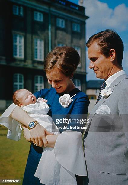 Copenhagen: Princess Margrethe of Denmark, holds her son, named Frederik Andre Henrik Christian today in the garden of Amalienborg Palace in...