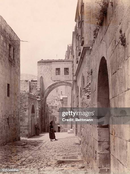 The Ecce Homo Arch over the Via Dolorosa in the Old City of Jerusalem in the late 19th Century.