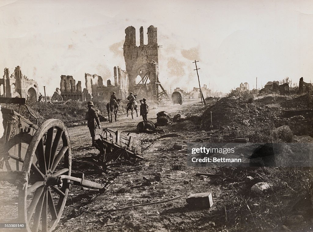 Soldiers Walk Through Destruction in Ypres During WWI