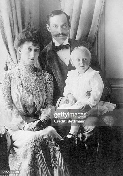 Left to right: Queen Maude, King Haakon VII, and their son Prince Olaf. The royal family of Norway in a family portrait, ca. 1905.