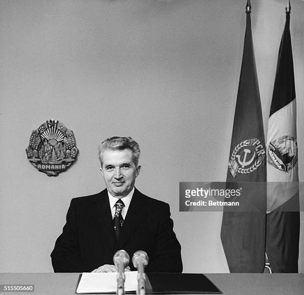 Romania: President of the Socialist Republic of Romania, Nicolae Ceausescu, delivering the traditional New Year Message 1981, at the Romanian Radio...