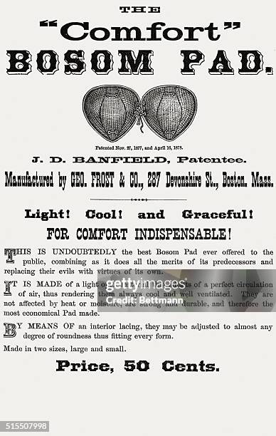 The "Comfort" BOSOM PAD. Patented Nov. 27 and April 16, 1878. J. D. Banfield, Patentee. Manufactured by Geo. Frost & Co., 287 Devonshire St., Boston,...