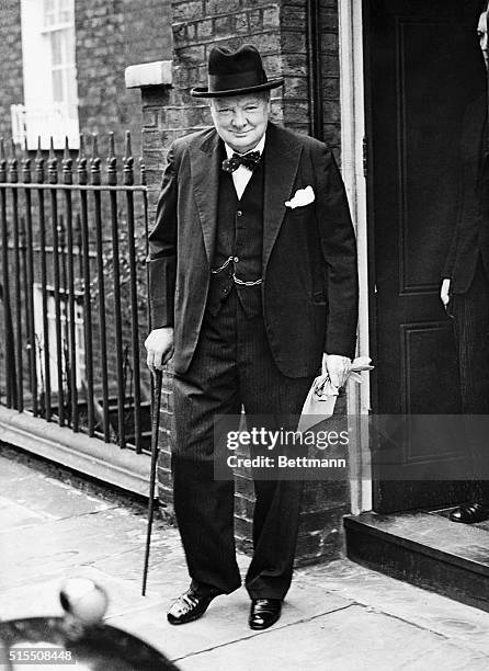 British Prime Minister Sir Winston Churchill leaving No. 10 Downing Street.