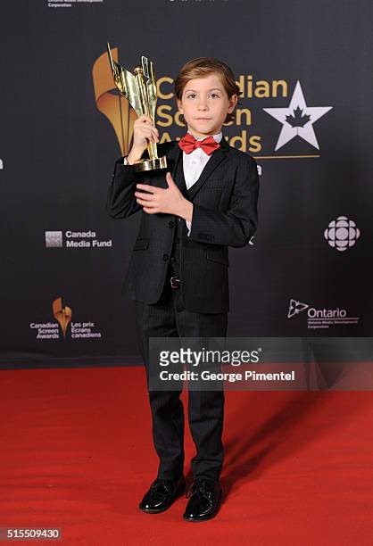 Jacob Tremblay poses in the press room at the 2016 Canadian Screen Awards at the Sony Centre for the Performing Arts on March 13, 2016 in Toronto,...