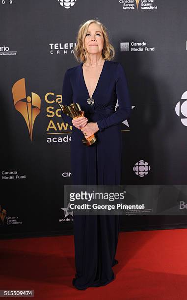 Catherine O'Hara poses in the press room at the 2016 Canadian Screen Awards at the Sony Centre for the Performing Arts on March 13, 2016 in Toronto,...