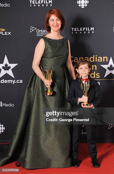 Emma Donoghue and Jacob Tremblay pose in the press room at the 2016 Canadian Screen Awards at the Sony Centre for the Performing Arts on March 13,...