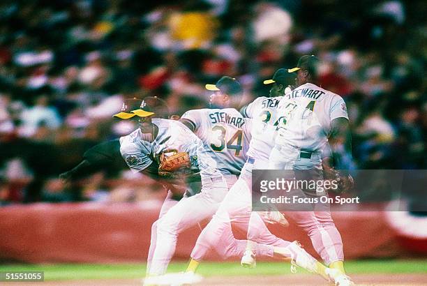 Dave Stewart of the Oakland Athletics pitches against the San Fancisco Giants during the World Series at Candlestick Park in San Francisco,...