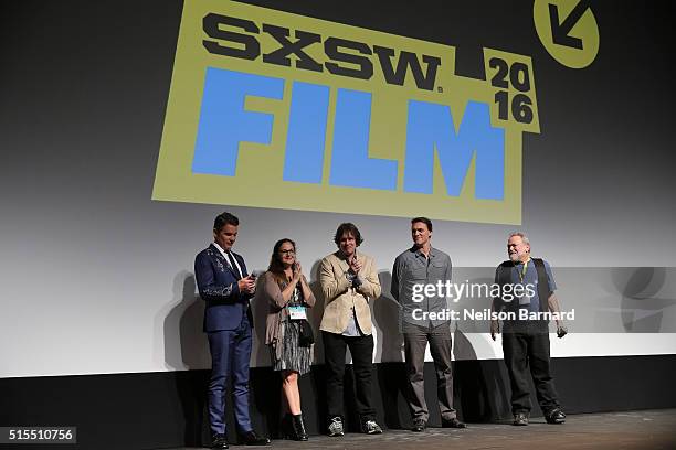 Actor Ethan Hawke, producers Jen Farlinger, Leonard Farlinger, director Robert Budreau and Co -Founder of SXSW Louis Black speak on stage during the...