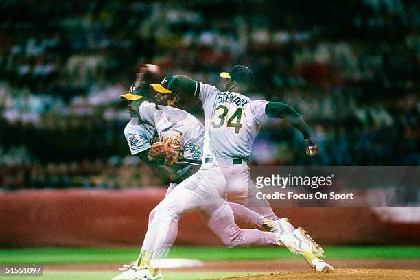 Dave Stewart of the Oakland Athletics pitches against the San Fancisco Giants during the World Series at Candlestick Park in San Francisco,...