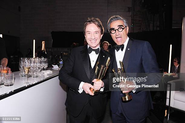 Martin Short and Eugene Levy pose backstage at the 2016 Canadian Screen Awards at the Sony Centre for the Performing Arts on March 13, 2016 in...