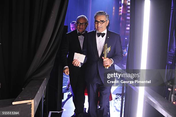 Joe Mimran and Eugene Levy pose backstage at the 2016 Canadian Screen Awards at the Sony Centre for the Performing Arts on March 13, 2016 in Toronto,...