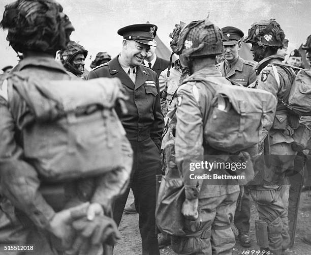 England- Picture shows General Eisenhower speaking to paratroopers somewhere in England, just prior to their participation in the first assault in...