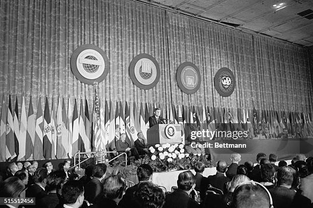 President John F. Kennedy addresses the annual meeting of the International Monetary Fund at the Sheraton Park Hotel here today. Kennedy informed the...