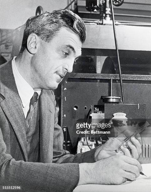 Stanford University physics professor Dr. Felix Bloch runs tests in a laboratory similar to the ones which brought him the 1952 Nobel Prize in...