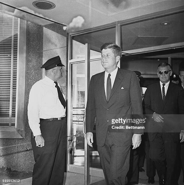 President John F. Kennedy leaves Children's Hospital Boston after the death of his two-day-old son, Patrick Bouvier Kennedy.