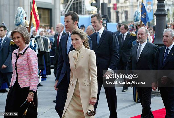 Queen Sofia, Crown Prince Felipe and Princess Letizia of Spain arrive at the "Prince of Asturias Awards" at Campoamor Theater on October 22, 2004 in...