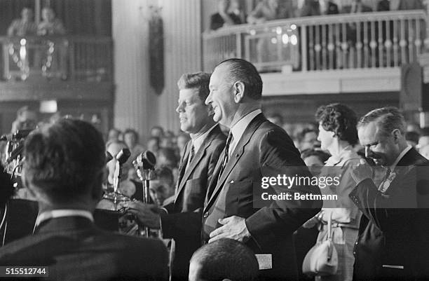 Senators John Kennedy and Lyndon Johnson speak to the Texas delegation to the Democratic National Convention. Kennedy calls for unity in the party...