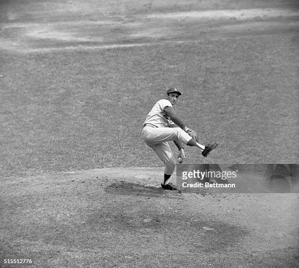 Sandy Koufax of Los Angeles Dodgers notching win against the New York Mets at the Polo Grounds