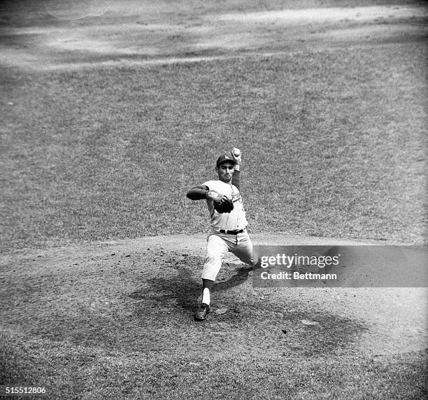 Sandy Koufax of Los Angeles Dodgers notching win against the New York Mets at the Polo Grounds