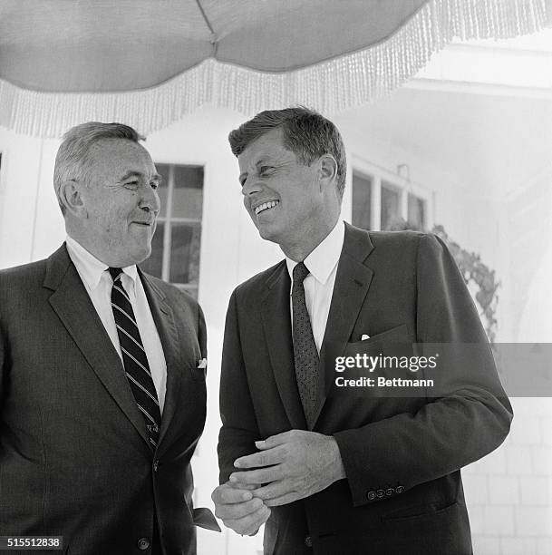 Democratic Presidential nominee Senator John Kennedy chats with his foreign policy advisor, Rep. Chester Bowles here. Bowles, former ambassador to...