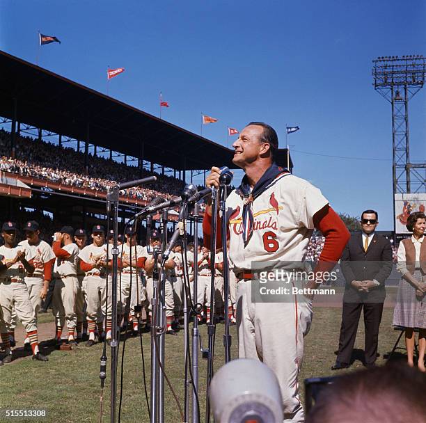St. Louis, Mo.: Stan Musial is at the microphone during Stan Musial Day Ceremonies in Busch Stadium prior to his appearance in the last game of his...