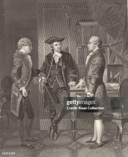 German-born general Baron Johann de Kalb introuduces French general and political leader Marquis de Lafayette to American patriot and diplomat Silas...