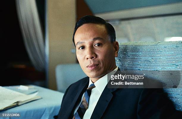 Honolulu, Hawaii: South Vietnam chief of state Nguyen Van Thieu is seated on board the plane which will fly him and other top Vietnamese leaders to...