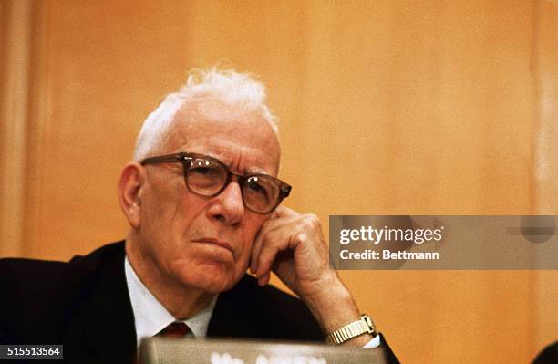 Washington, D.C.: Vermont senator George D. Aiken listens to testimony being given before the Senate Foreign Relations Committee, February 8th. The...