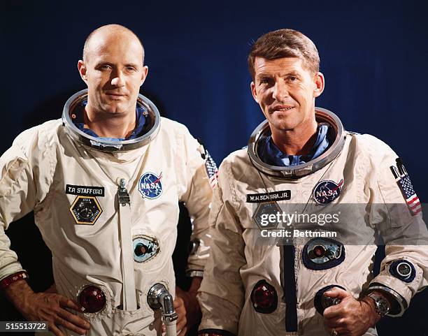 Astronauts of the Gemini 6 mission, Thomas P. Stafford and Walter M. Schirra, Jr., pose for a portrait. NASA.