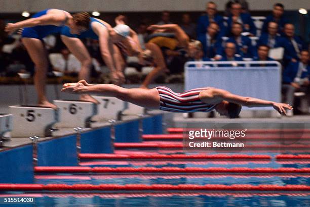 Donna De Varona diving in during the 400 Meter Medley Relay which the U.S. Team of De Varona, Finneran and Randall won.