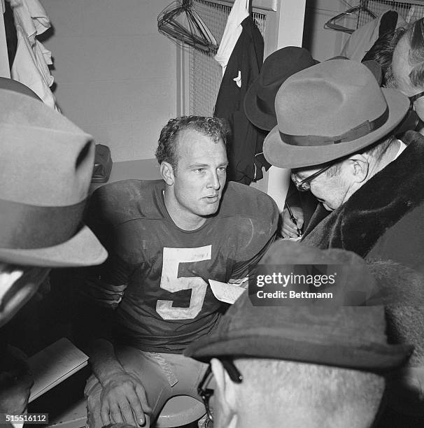 Green Bay's Paul Hornung ran for three touchdowns and scored two others on passes from Bart Starr December 12th to give the Packers a 42-27 victory...