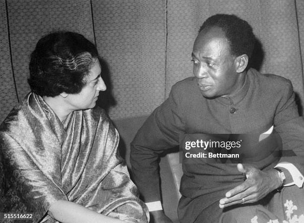 Kwamme Krumah, the deposed President of Ghana, , chats here with Mrs. Indira Gandhi, Prime Minister of India, during his visit to the Indian capital...