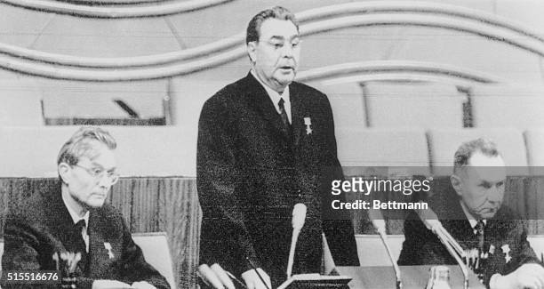 Soviet Communist Party chief Leonid I. Brezhnev , flanked by Soviet Premier Alexei Kosygin and Central Committee Secretary Mikhail Suslov , opens the...