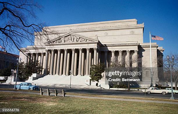 View of the Constitution Avenue entrance to the National Archives building in Washington is shown. A kind of "family album" of the U. S., the...