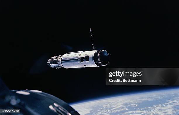 Series of photos taken from space craft Gemini 8 as astronaut Neil Armstrong maneuvers his capsule toward the Agena Rocket. In this group of photos...