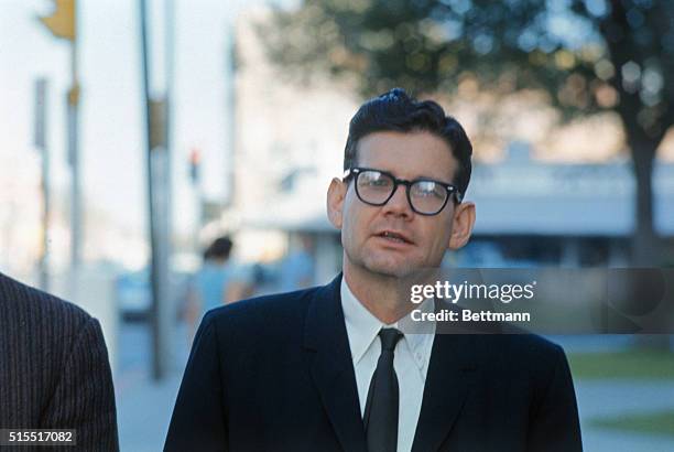 Closeups of convicted farm promoter Billie Sol Estes leaving Federal Court April 13 following the end of testimony in his appeal goe a new trial....